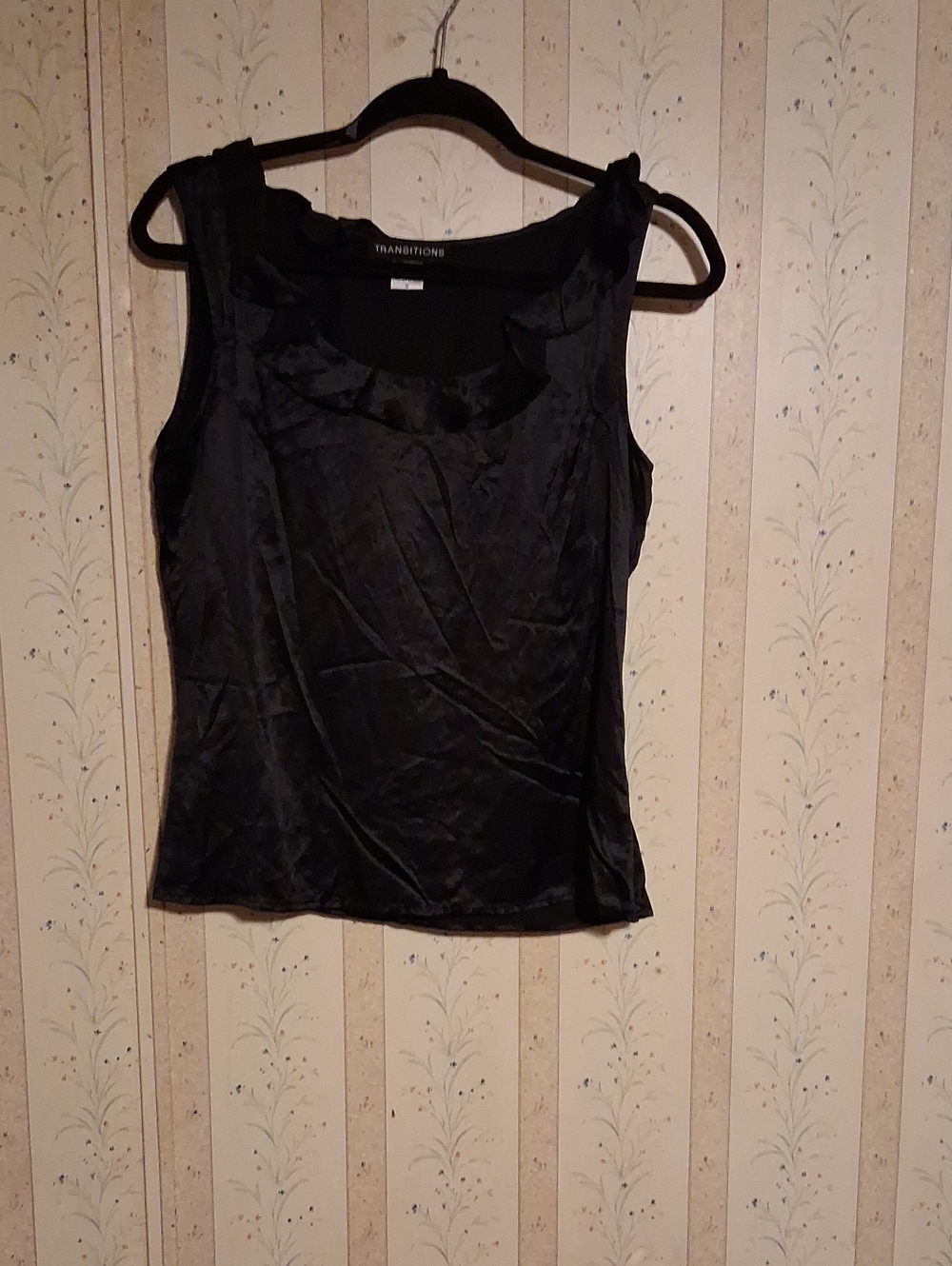 Black Satin Ruffle-Trim Camisole Top